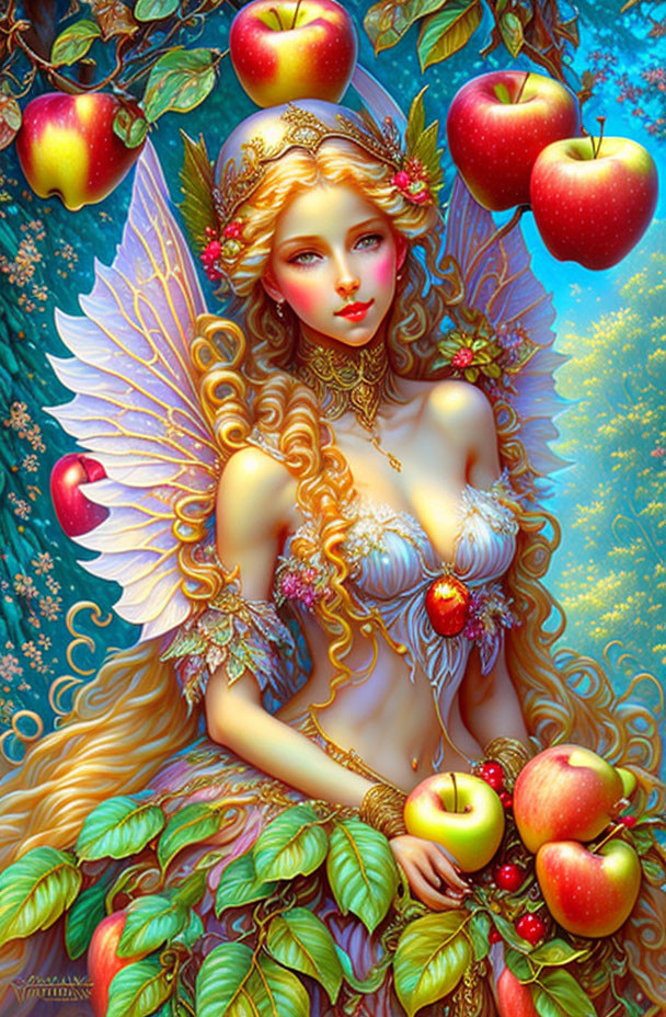 Illustration of fairy with golden wings and hair in enchanted forest.