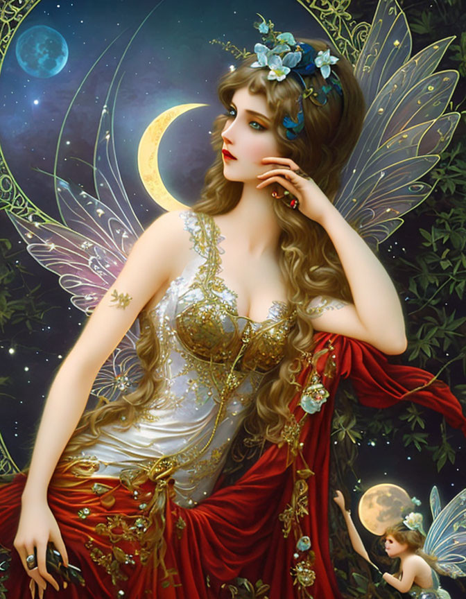 Iridescent Fairy in Golden Dress with Floral Tiara and Celestial Background