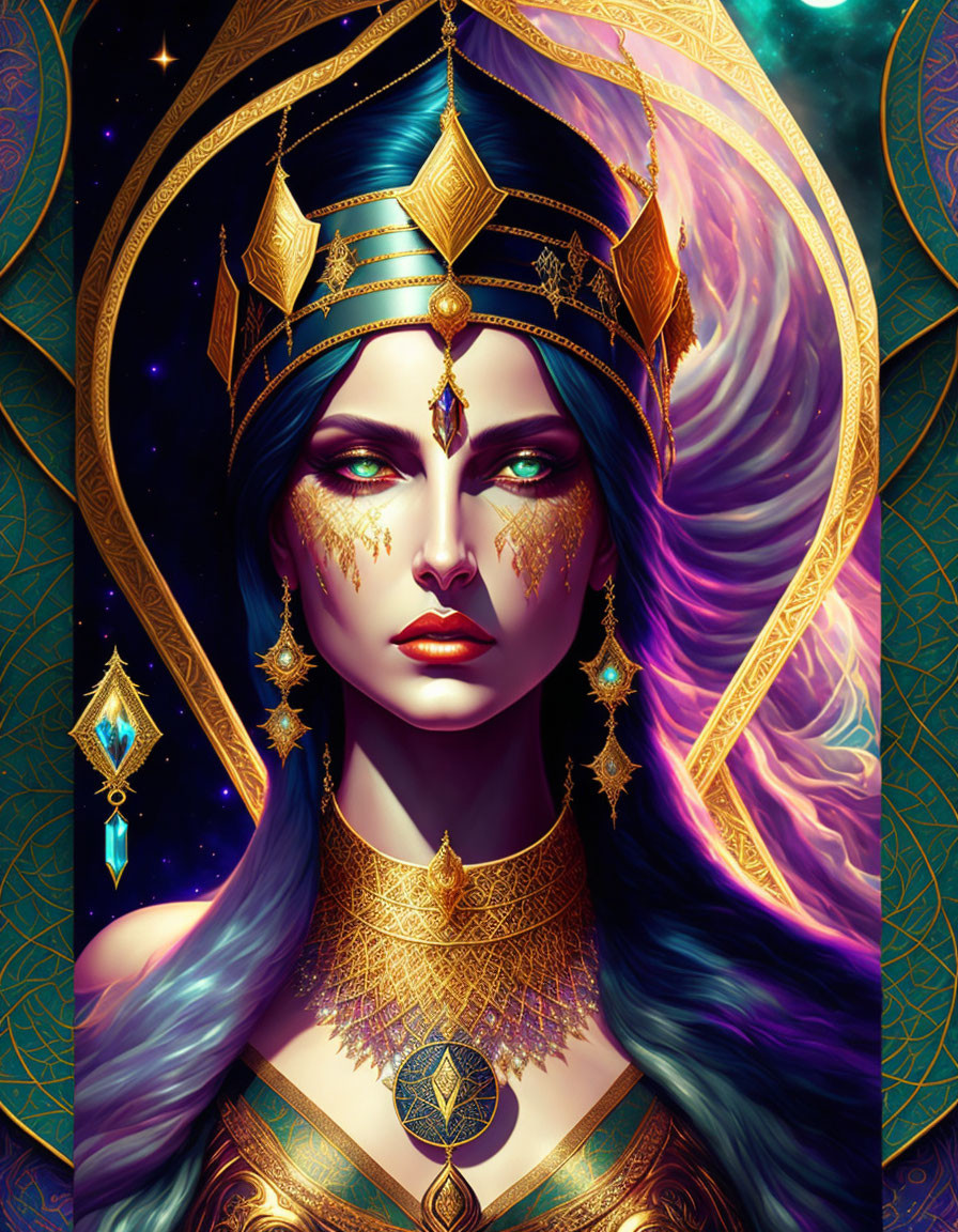 Regal woman with gold-flecked eyes in intricate headgear and cosmic backdrop