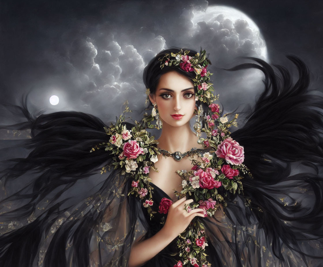 Woman with Dark Hair in Floral Garland and Rose-Adorned Dress in Nocturnal Moonlit