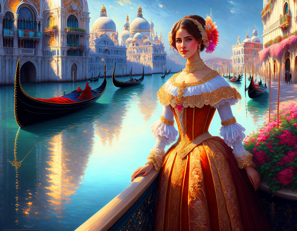 Historical woman in ornate dress overlooking Venetian canal and gondolas