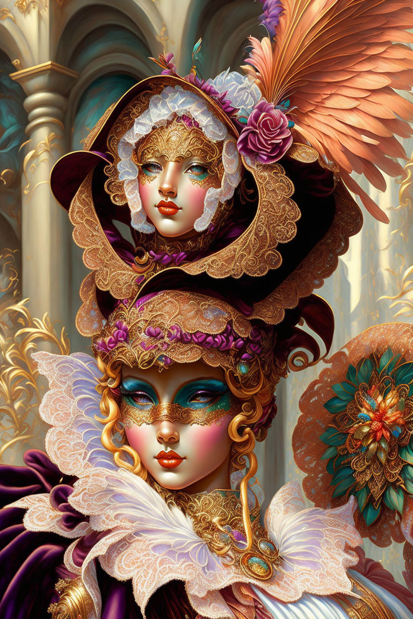 Fantasy portrait of two characters in ornate costumes and feathered wings