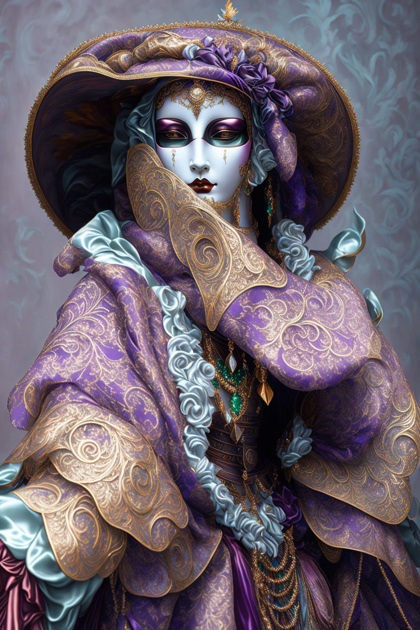 Intricate purple and gold costume with wide-brimmed hat