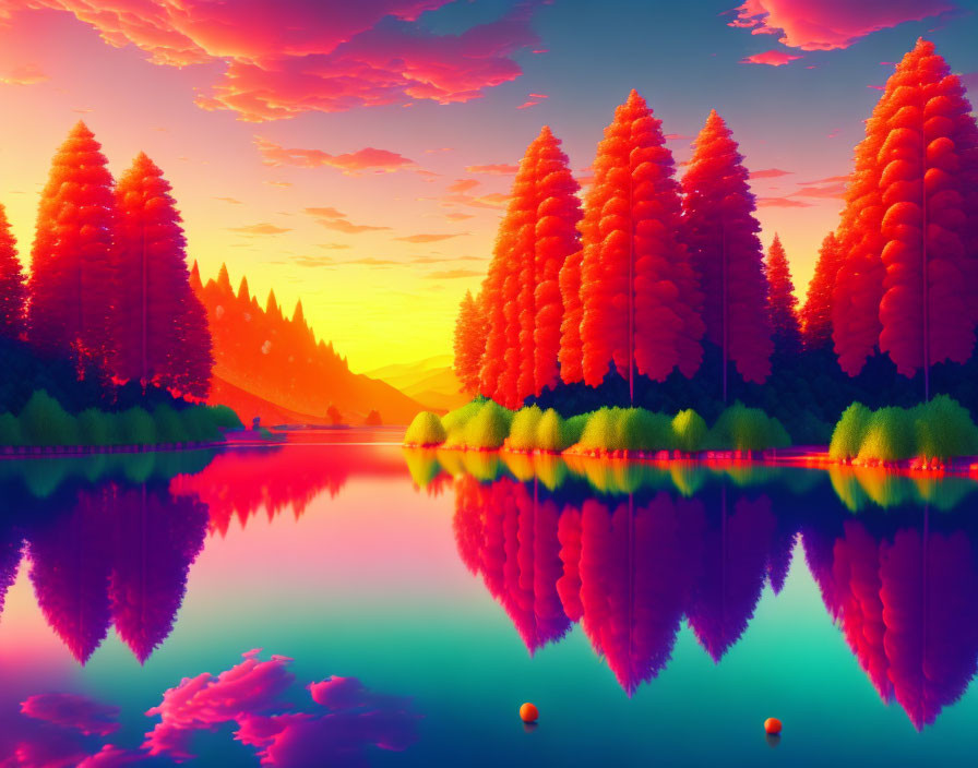 Colorful Trees Reflecting in Lake Under Pink and Orange Sunset Sky