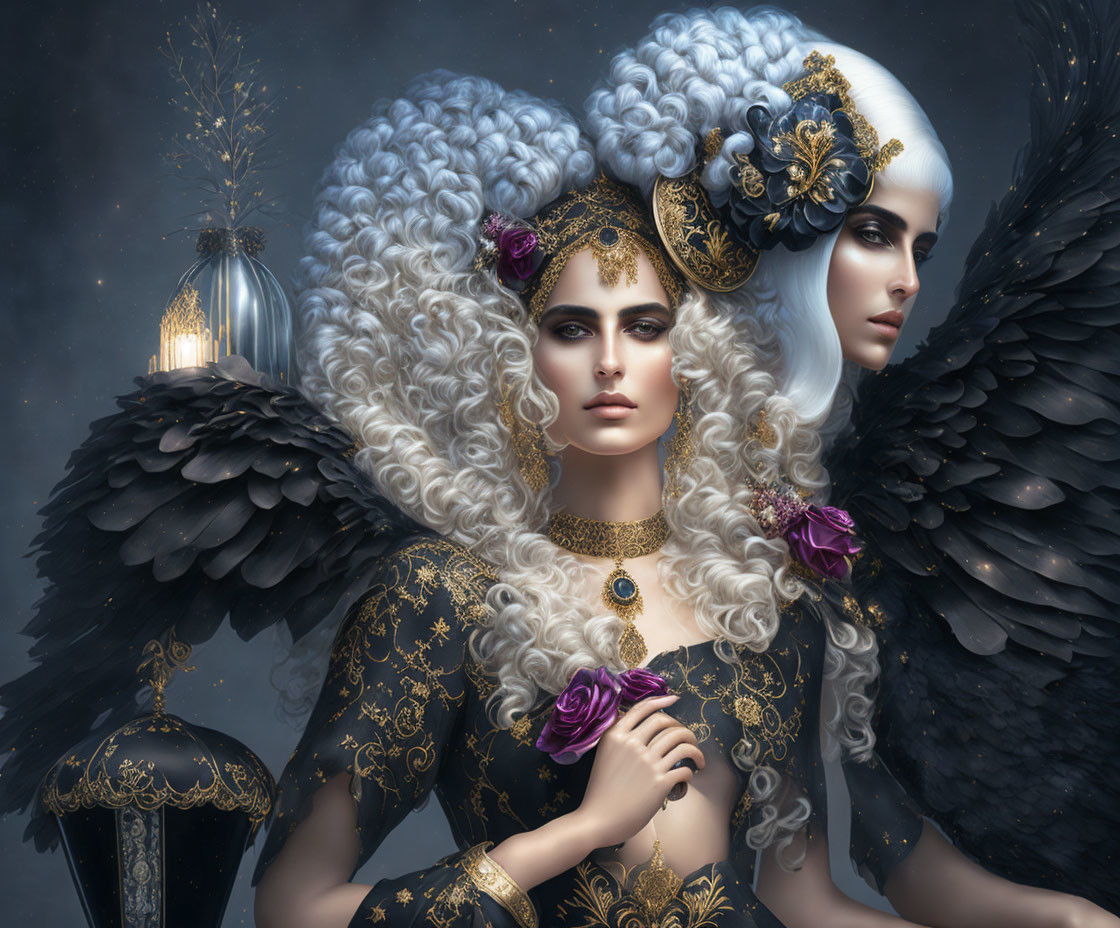 Ethereal women in black and gold attire with dark angel wings