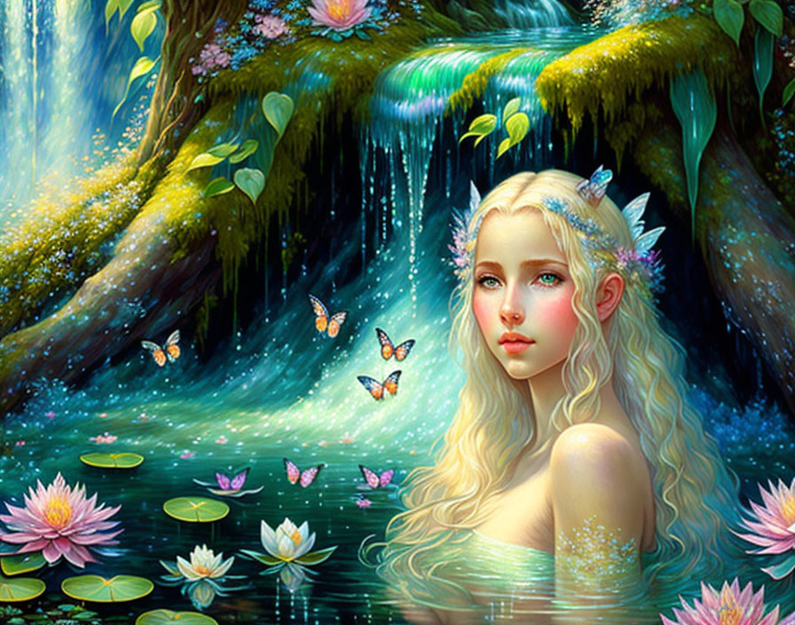 Blonde woman surrounded by butterflies at pond with waterfall