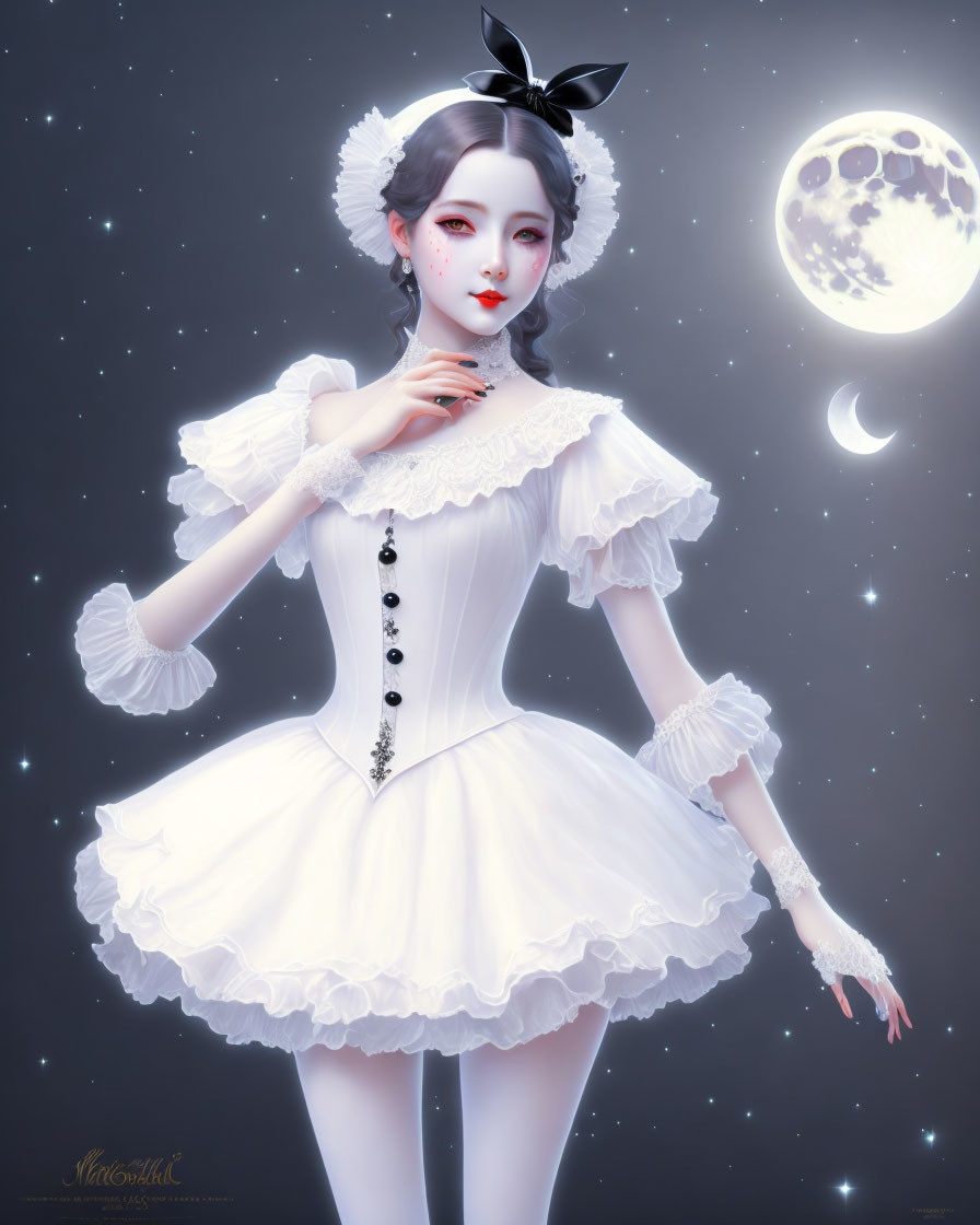 Character in White Dress with Black Accents under Full Moon