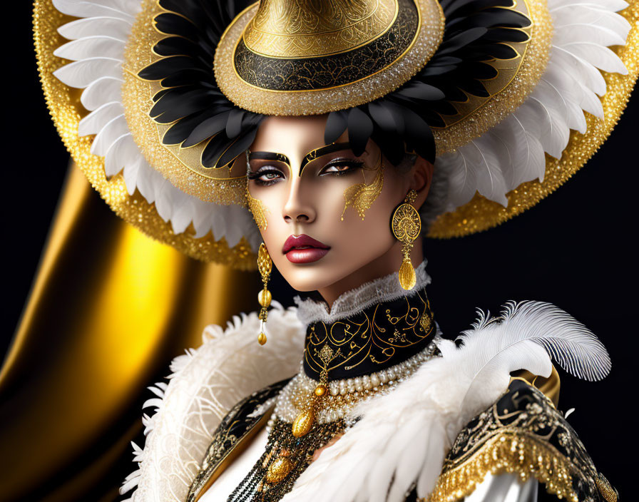 Regal woman with striking makeup and ornate gold headdress