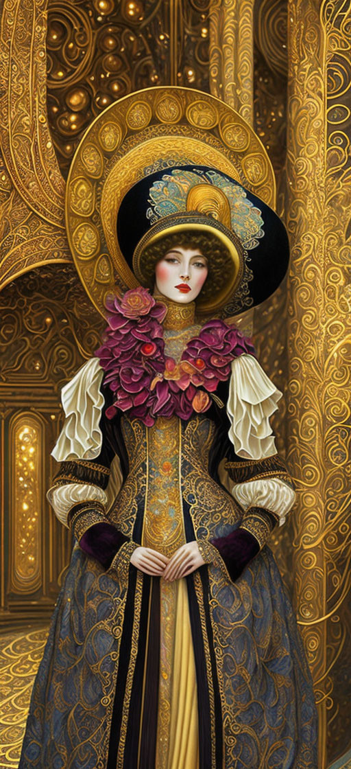 Woman in ornate black dress with gold accents and wide-brimmed hat against baroque golden backdrop