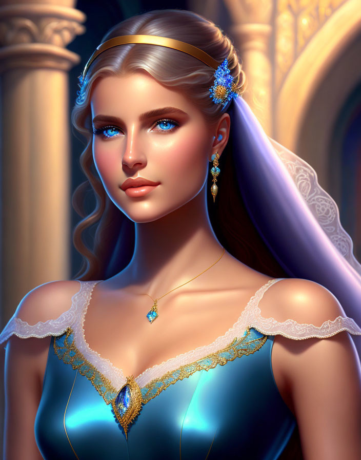 Illustrated woman with blue eyes and blonde hair in blue dress with gold accents