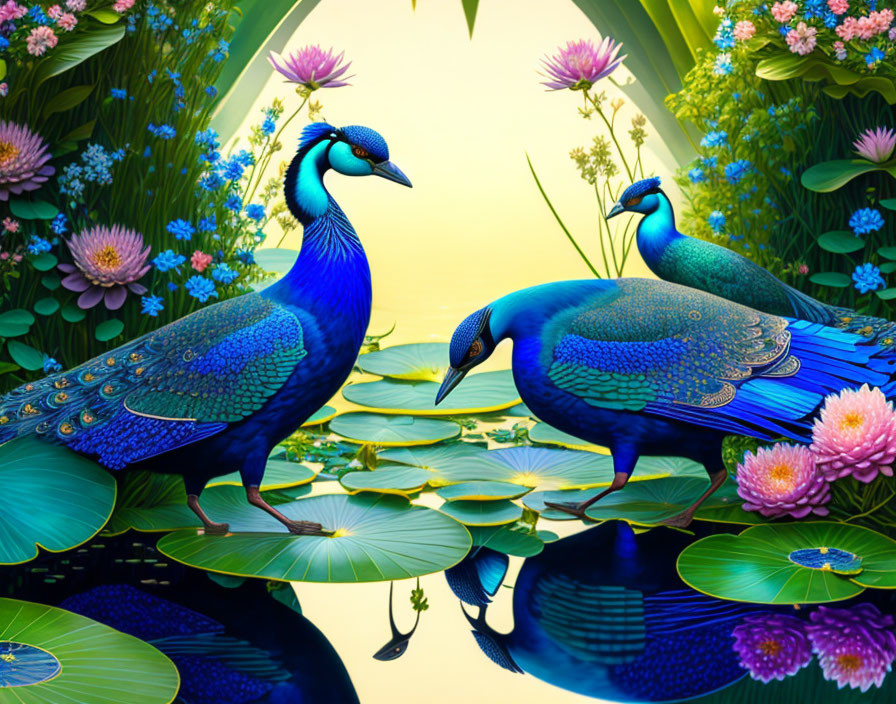 Colorful peacocks near waterbody with lilies and greenery