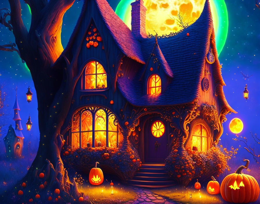 Spooky cottage with glowing windows and jack-o'-lanterns at night