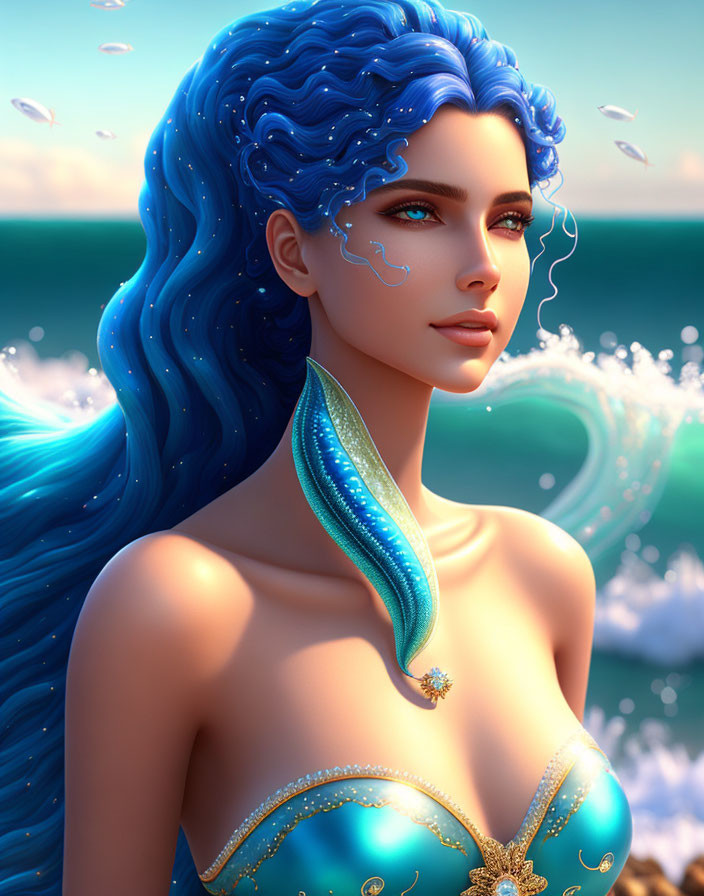 Vibrant 3D digital illustration of a woman with flowing blue hair and ocean-themed attire