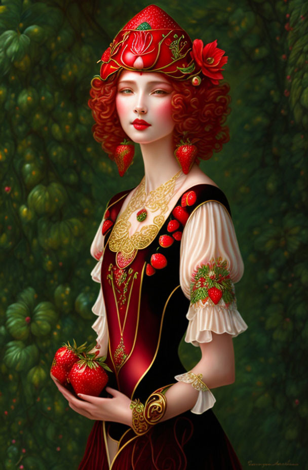 Digital Artwork: Woman with Red Hair in Renaissance Dress with Strawberries