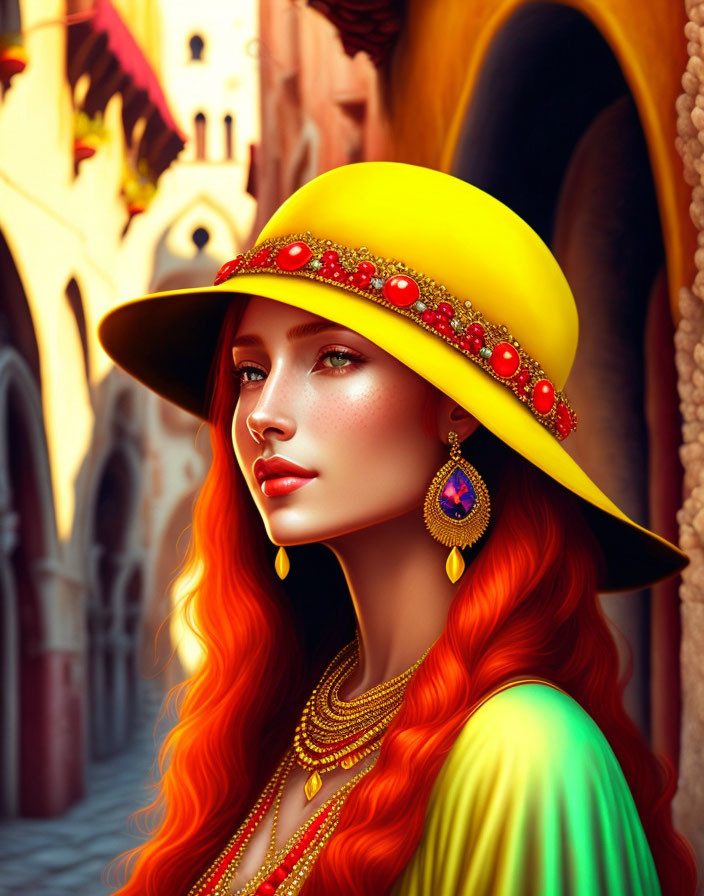 Red-haired woman in yellow hat with jewelry against warm-toned buildings