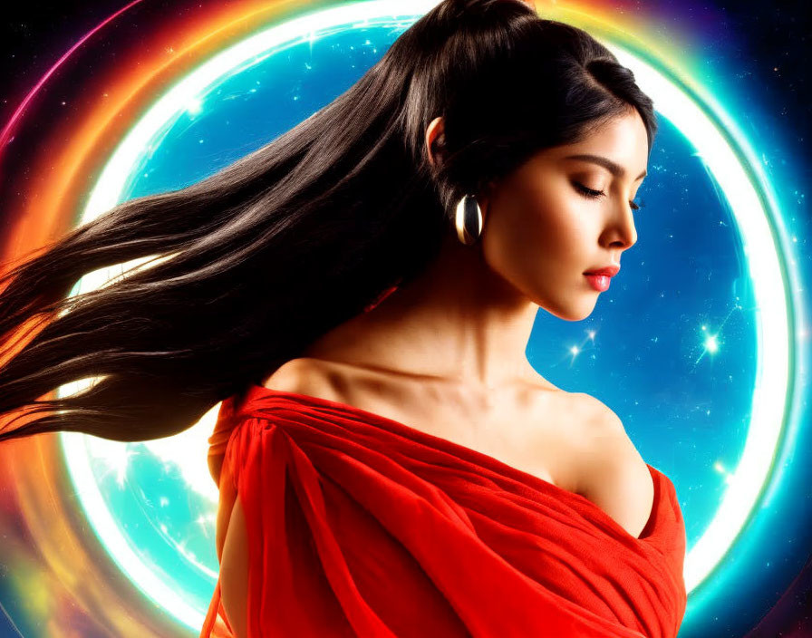 Woman with Long Black Hair in Orange Garment Against Cosmic Backdrop