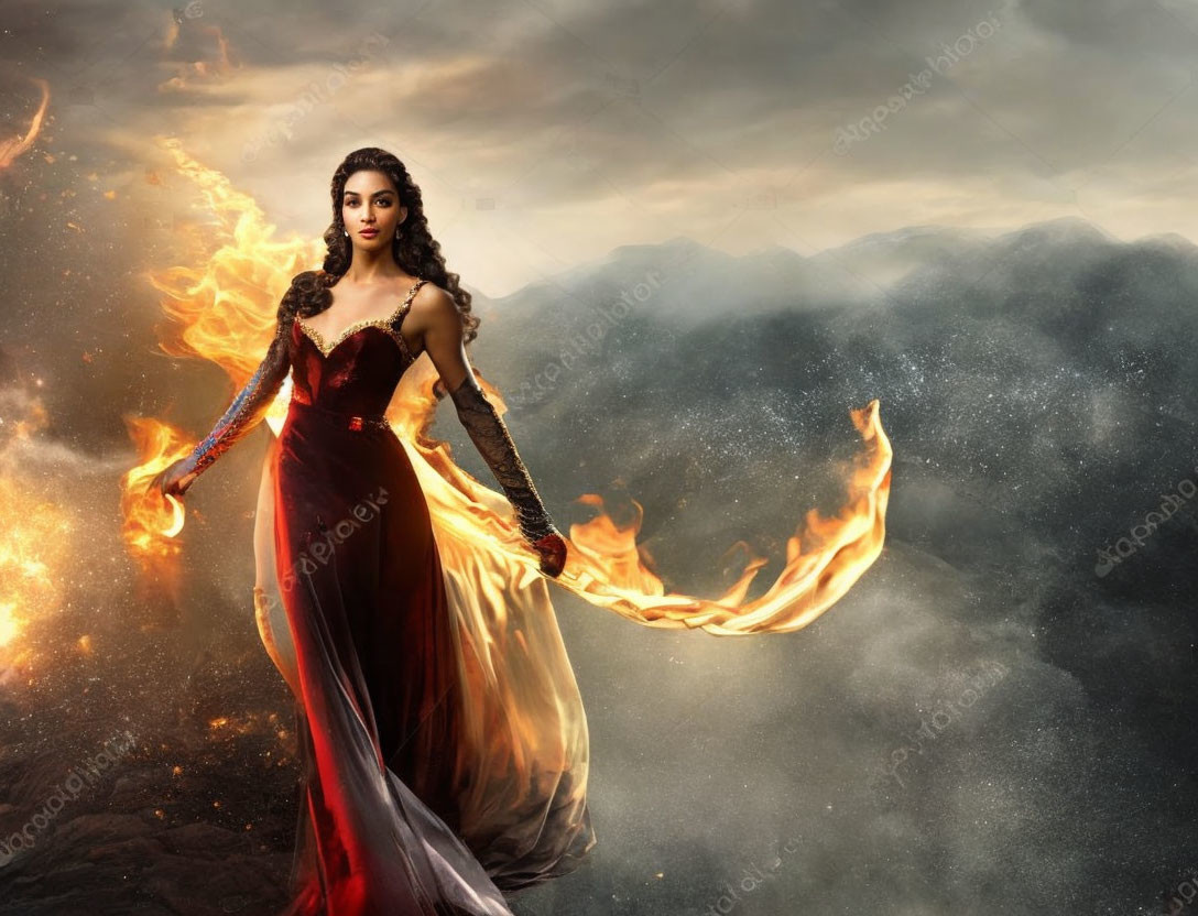 Woman in Red Dress with Fiery Arm Effects on Mystical Cloudy Background