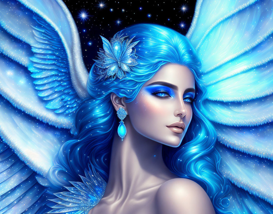 Fantastical Female with Blue Hair and Wings in Cosmic Setting