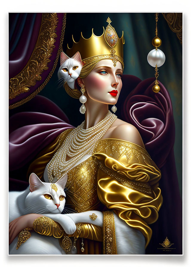 Regal woman with crown and gold dress holding white cat, another cat with crown.