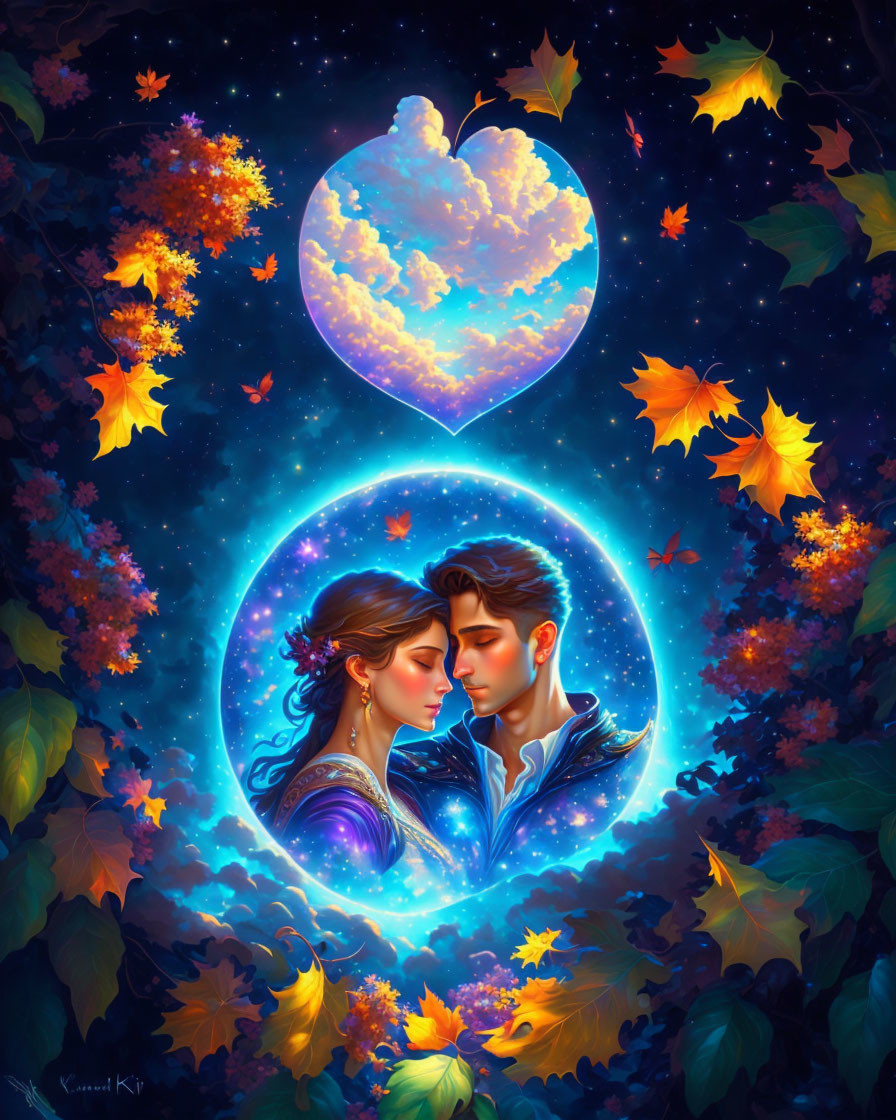 Romantic couple embraced in glowing heart aura with starry sky - Illustration