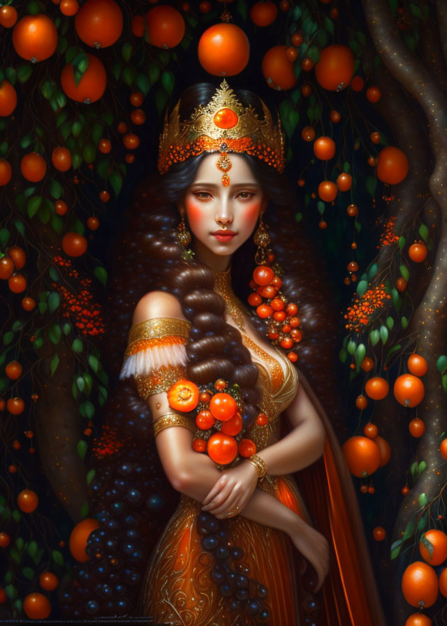 Woman in ornate orange and gold attire among orange fruit trees.