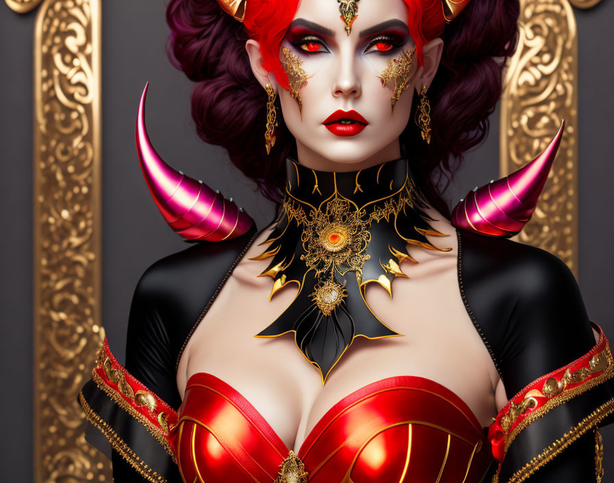 Fantasy digital artwork of female character with red eyes, horns, and ornate costume