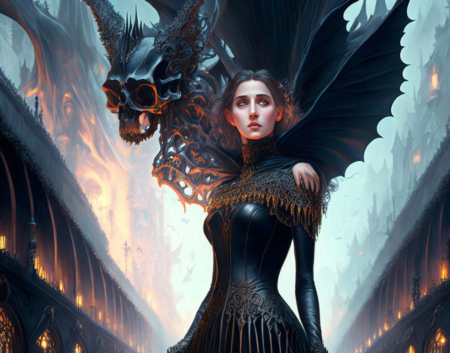 Fantasy Artwork: Woman in Black Dress with Skeletal Dragon in Gothic Setting