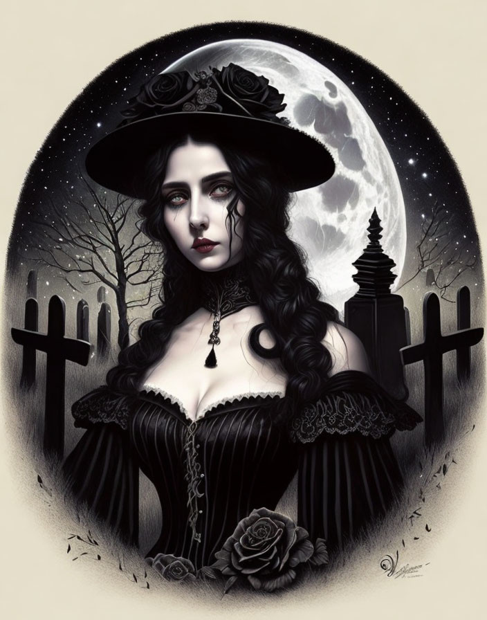 Gothic woman in Victorian attire under full moon.