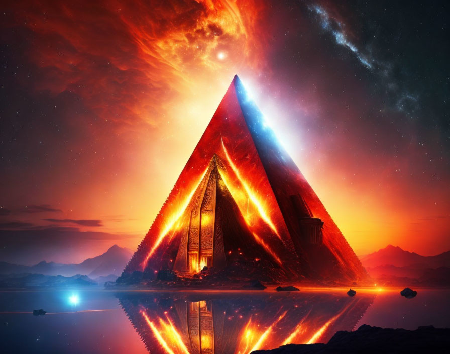 Glowing pyramid under starry sky with fiery clouds reflected on water at twilight