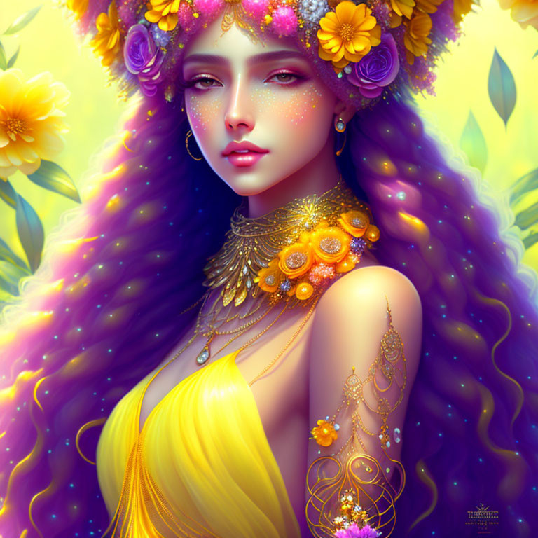 Digital artwork featuring woman with yellow flowers and golden jewelry in vibrant floral setting