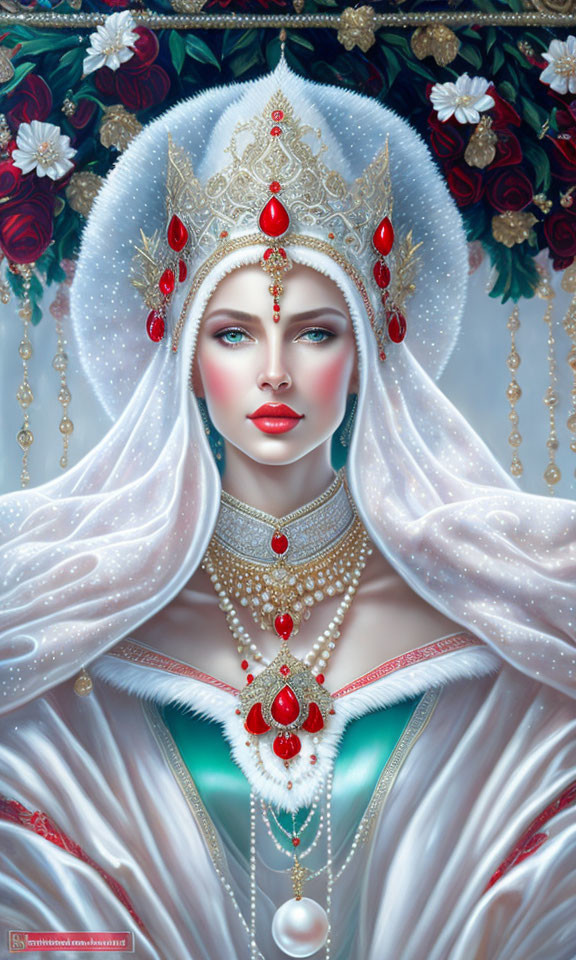 Regal woman in ornate white headdress and fur cloak