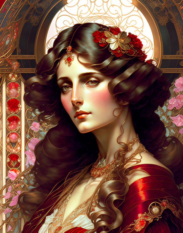 Illustrated woman with curly hair, red flowers, and jewelry on floral stained-glass backdrop