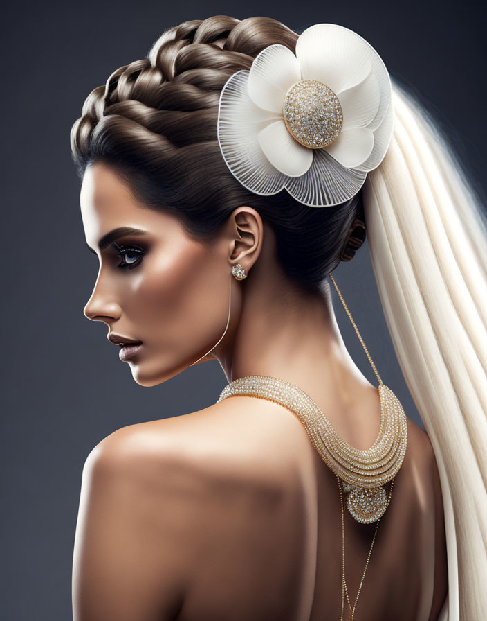 Woman with Elegant Braided Updo and White Flower Accessory: Ponytail, Dramatic Makeup,