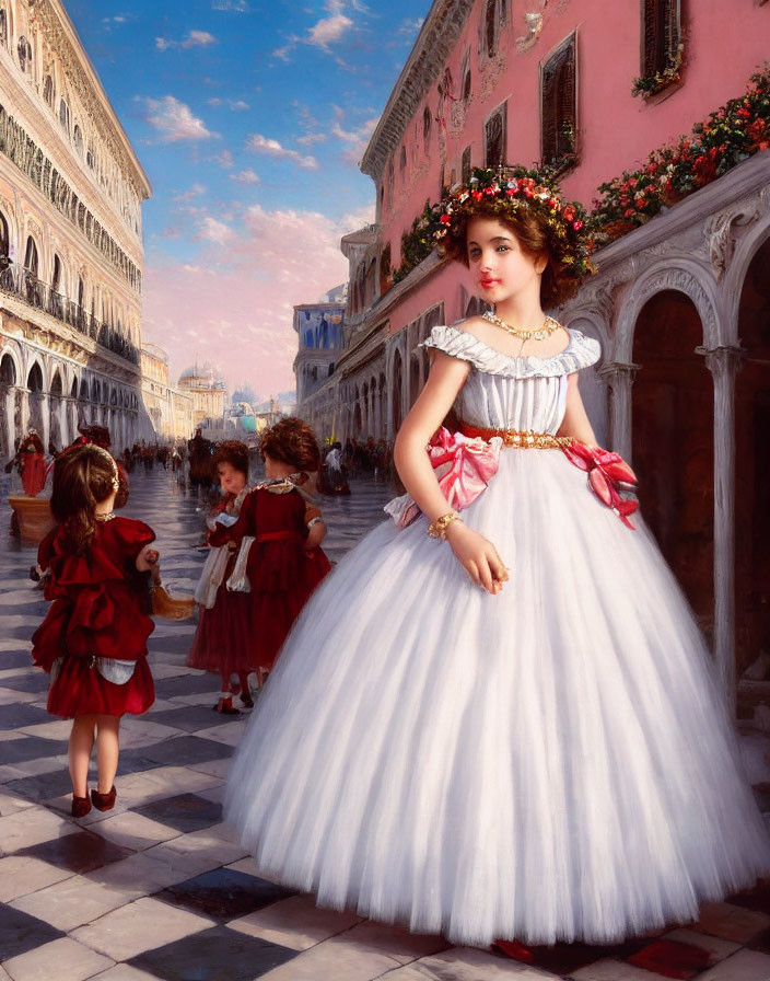 Woman in White Dress with Red Accents in Venetian-style Street with Children