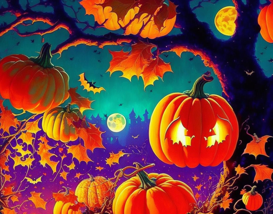 Colorful Halloween Scene with Jack-o'-Lanterns, Bats, and Full Moon