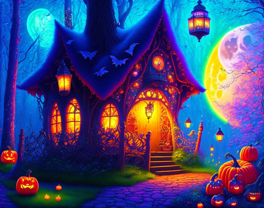 Moonlit Halloween scene: haunted house, bats, jack-o'-lanterns in mystical blue forest