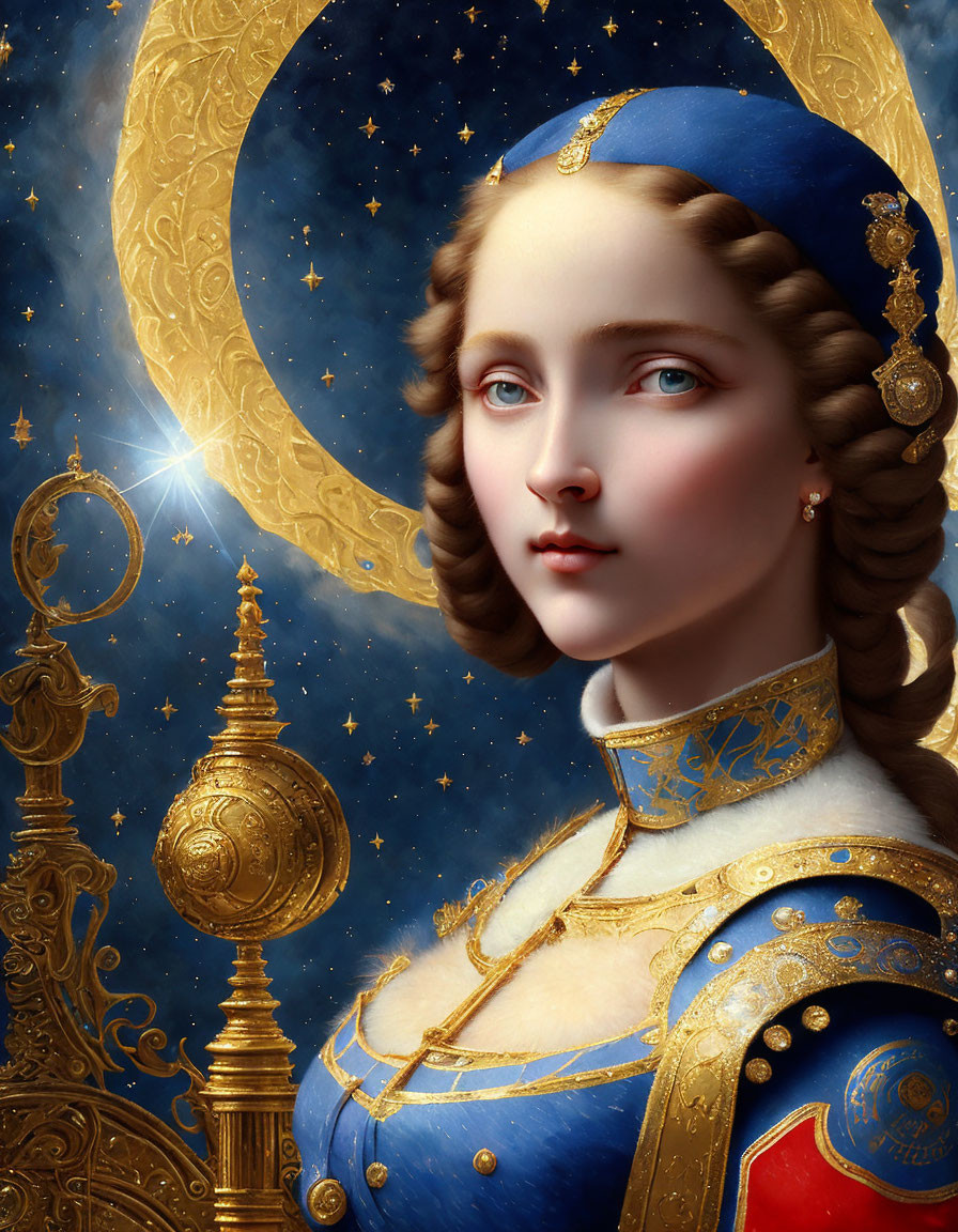 Regal woman in blue and gold outfit under crescent moon.