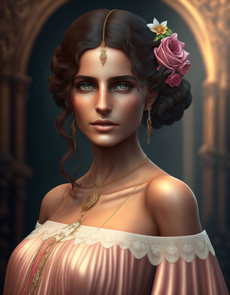 Elegant woman with wavy hair and rose in moody classical interior