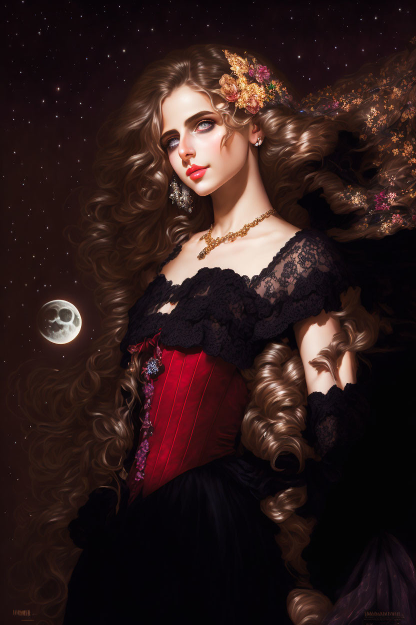 Digital portrait of woman with curly hair, flowers, lace top, corset, under crescent moon