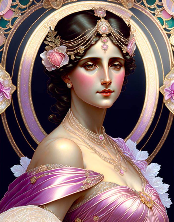 Illustration of woman with tiara, roses, pearl necklace, draped gown in ornate circular frame