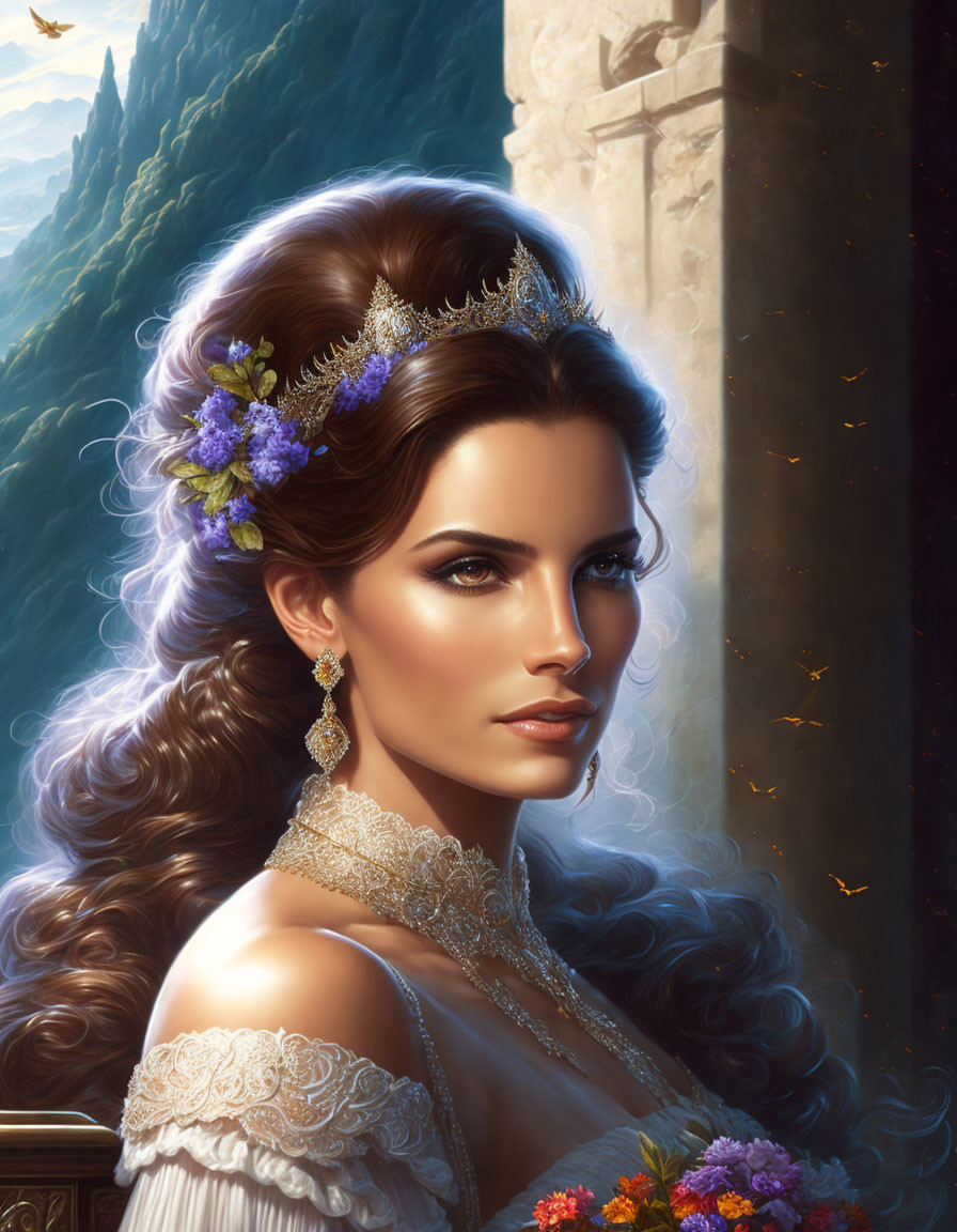 Digital artwork of woman with floral hair and tiara in fairy-tale setting