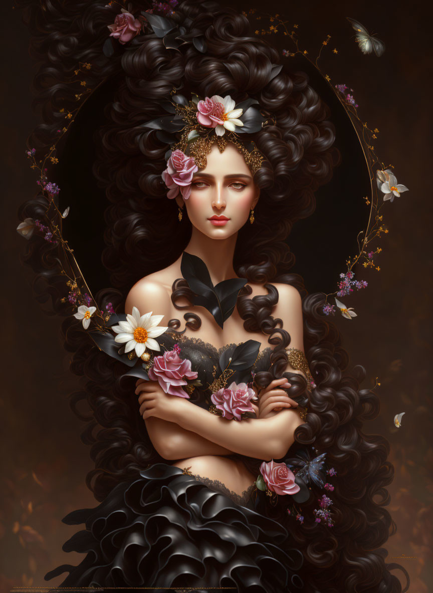 Woman with Dark Curly Hair, Flowers, Butterfly, and Ruffled Garment Portrait