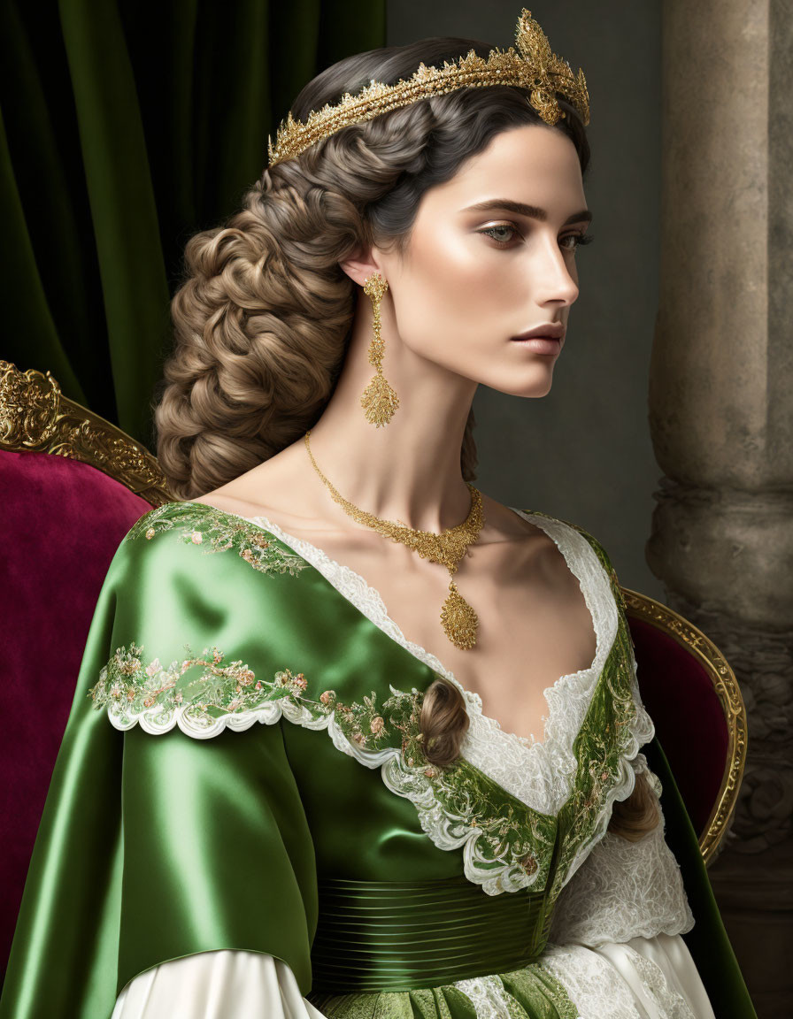 Woman with Braided Updo in Golden Tiara and Green Dress by Red Chair