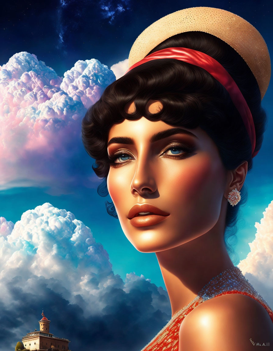 Portrait of a woman with blue eyes, pearl earrings, and red headband in cloudy landscape