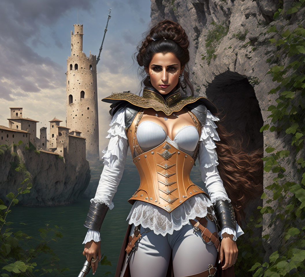 Medieval female warrior in ornate armor before coastal castle landscape