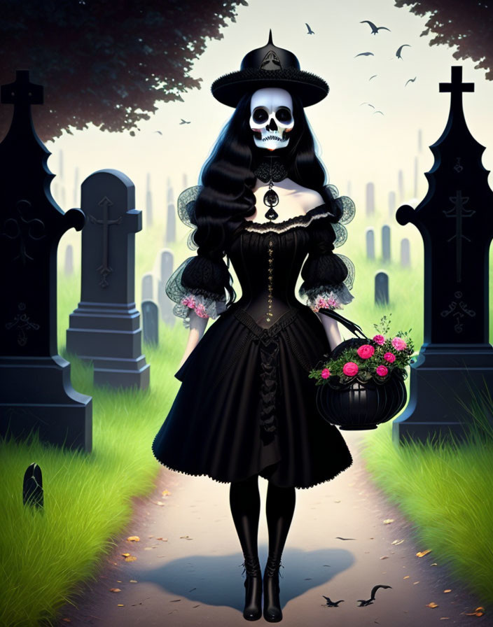 Stylized skeletal figure in black dress and hat with flowers, tombstones, and bats.