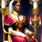 Regal woman in red and white royal attire on golden throne.