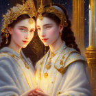 Regal figures with golden crowns and glowing light in starry backdrop