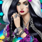 Digital illustration of woman with white hair, vibrant makeup, silver jewelry, colorful garment