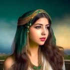 Digital illustration: Woman in green headscarf with traditional jewelry, tents under golden sky